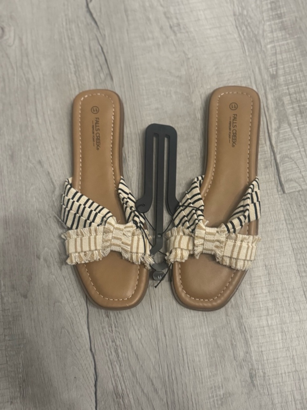 Striped Bow Slide Sandals in Beige and Black by Falls Creek